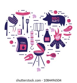 BBQ grill meat barbecue restaurant party at home dinner vector products skewer grilling kitchen equipment flat illustration in heart form. Meat food for family summer time