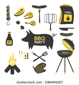 BBQ grill meat barbecue restaurant party at home dinner vector products skewer grilling kitchen equipment flat illustration Meat food for family summer time