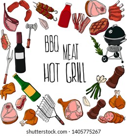 BBQ grill meat barbecue restaurant party at home dinner vector products skewer grilling kitchen equipment flat illustration Meat food for family summer time 