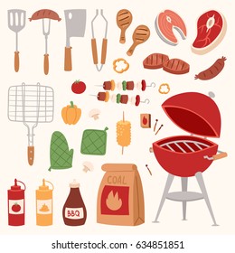 BBQ grill meat barbecue restaurant party at home dinner vector products skewer grilling kitchen equipment flat illustration Meat food for family summer time