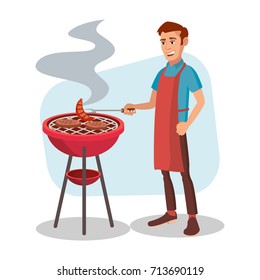 Bbq Grill Meat Cooking Vector Man Stock Vector (Royalty Free) 713690119 ...