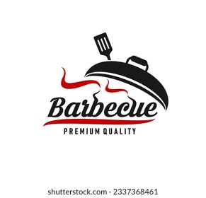 BBQ grill, meat restaurant and barbecue food bar vector icon of steak and spatula. Steakhouse menu label or barbecue sausage party and barbeque cooking picnic emblem with meat and smoke