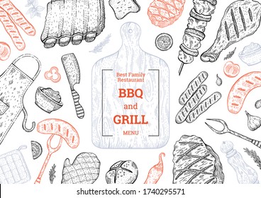 BBQ and Grill menu. Barbecue food party vector background with meat steak kebab chicken. Summer picnic poster design in vintage style. Doodle sketch flyer card illustration. BBQ Lunch template menu