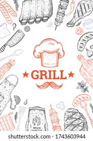 BBQ and Grill menu. Barbecue food party vector background with meat steak, kebab, chicken. Summer picnic poster design in vintage style. Doodle sketch flyer. Card illustration. BBQ Lunch template menu