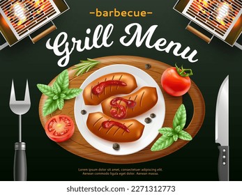 Bbq grill menu cover. Glowing coals, top view plate, kitchen appliances, fried sausages with herbs and tomatoes on wooden board, barbecue poster, 3d isolated elements, utter vector concept