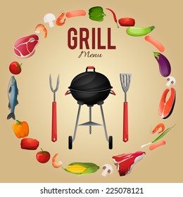 Bbq grill menu poster with food kebab fish vegetables fork vector illustration