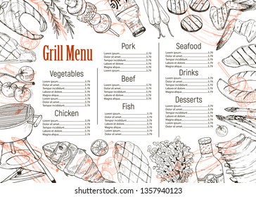 BBQ and grill menu with sketch objects isolated on white background. Hand drawn barbecue elements around text. Grill menu design template.