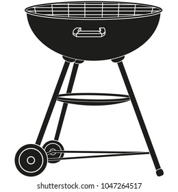 BBQ grill on wheel silhouette. Outdoors recreation vector illustration for gift card certificate banner sticker, badge, sign, stamp, logo, label, icon, poster, patch