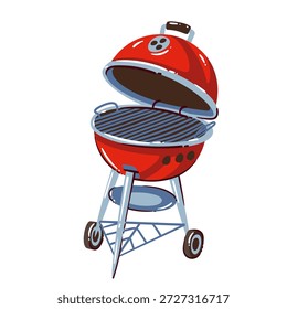 Parrilla de barbacoa con tapa abierta, ahumador de carbón redondo sobre ruedas, equipo de barbacoa al aire libre con rejilla de metal, cultura de cocina americana de patio trasero, tema de viajes de EE. UU., Ilustración vectorial de dibujos animados