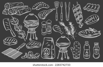 Los bocetos de contorno de parrilla de barbacoa establecen la ilustración vectorial. Colección dibujada a mano de menú de comida a la barbacoa y herramientas de cocina para picnic sobre negro, salchichas y carne, pescado y verduras para la fiesta de barbacoa