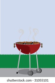 BBQ grill outside covered with cooking hotdogs