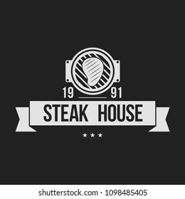 BBQ grill party. Barbecue set logo with grill, steak, knife, meat, wine and beer. Hot eat, Hot dog. Grill party.