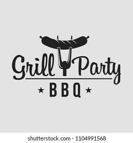 BBQ grill party. Barbecue set logo with grill, steak, knife, meat, wine and beer. Hot eat, Hot dog. Grill party.