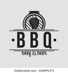 BBQ grill party. Barbecue set logo with grill, steak, knife, meat, wine and beer. Hot eat, Hot dog. Grill party.