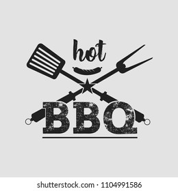 BBQ grill party. Barbecue set logo with grill, steak, knife, meat, wine and beer. Hot eat, Hot dog. Grill party.