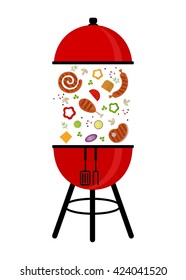  BBQ Grill Party card. Template for barbecue party poster and invitation. Cartoon flat vector illustration. Objects isolated on a background.