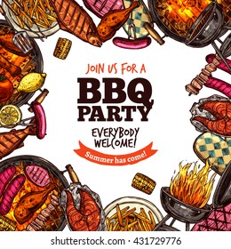 Bbq Grill Party Color Sketch Hand Drawn Background