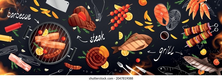 Bbq grill party flat background composition with top view of roasted food with chalkboard text captions vector illustration