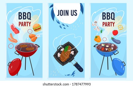 Bbq grill party flat vector illustration. Cartoon barbecue food, roasted grilled meat with smoke, steaks and vegetables on fire, cooking bbq tools for summer outdoor picnic in garden vertical banners