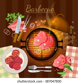 Bbq Grill Party Grilled Meat Top View Vector Illustration  