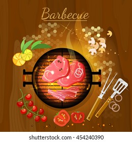 Bbq grill party grilled meat live coals gridiron top view vector illustration 