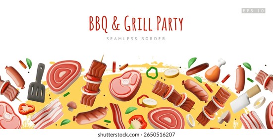 BBQ and grill party invitation 3D cartoon plastic style vector seamless border design. Realistic barbecue meat, pork ribs, chicken leg, steak, bacon, sausages. Picnic event