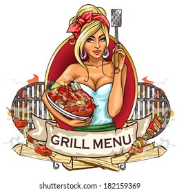 BBQ Grill Party label design with ribbon banner and sample text.
