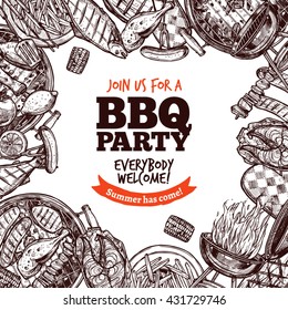 Bbq Grill Party Monochrome Sketch Hand Drawn Background