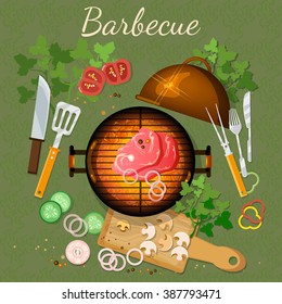 Bbq Grill Party Picnic Grilled Meat Top View Vector Illustration 