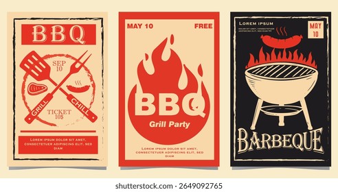 Conjunto de cartazes de festa churrasqueira, Ilustração vetorial.