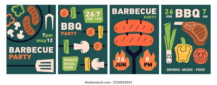 Barbacoa, juego de carteles de fiesta de parrilla. Festival de barbacoa, volante de Plantillas con carne asada, salchichas y verduras. Diseños de tarjeta de invitación para barbacoa, cocina de fuego, picnic de verano. Ilustración vectorial plana