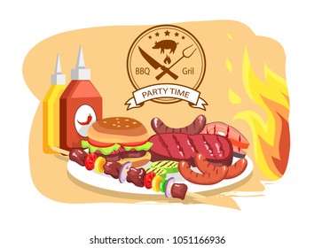 BBQ grill, party time, color vector illustration, label with meat fork and knife, stripe with text sample, lot of barbecue meat, sauces set, big flame