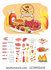 BBQ grill party time poster with text. Hamburger and roasted meat, vegetables and utensils, flatware isolated icons vector. Sauces and served dishes