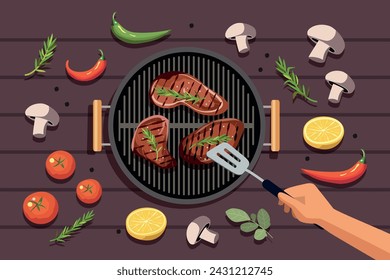 Bbq grill party top view grilled meat and vegetables.Man hand cooking steaks.Vector flat style cartoon illustration