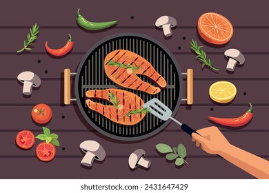 Bbq grill party top view grilled fish salmon and vegetables.Man hand cooking steaks.Vector flat style cartoon illustration