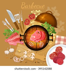 Bbq Grill Party Top View Grilled Meat On The Fire Vector Illustration 