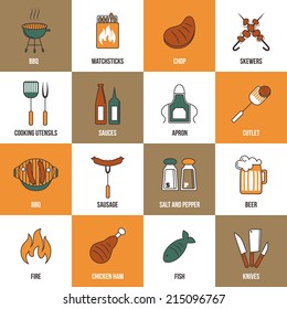 Bbq grill party utensil flat line icons set with beer chicken salt and pepper isolated vector illustration