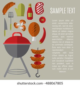 Bbq grill or bbq party vector illustration. Barbecue party invitation and bbq grill menu design template. Barbecue flyer on bbq party. 