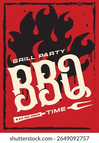 BBQ Grill Party Vector Invitation on Red Background.