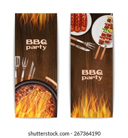 Bbq grill party vertical banners set with realistic hot fried on fire food isolated vector illustration