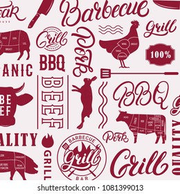 BBQ, Grill pattern. Hand written lettering words bbq, grill, barbecue, pork, steak, beef and others. Cow pig chicken silhouettes Vector illustration