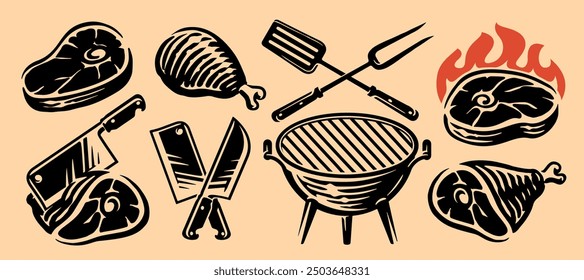 Bbq grill or picnic icons set. Barbecue concept. Collection of elements for restaurant or cafe menu