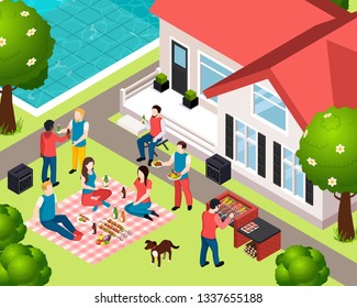 Bbq grill picnic isometic composition with company of friends at the party on back yard vector illustration