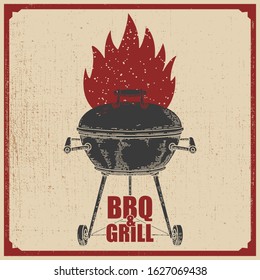 Bbq and grill. Poster with illustration of grill and fire. Design element for poster, card, banner, flyer. Vector illustration