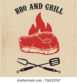 BBQ and grill. Poster with steak, fire, crossed fork and kitchen spatula. Vector illustration