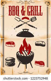 BBQ & grill. Poster template with grill illustration on grunge background. Design element for card, banner, flyer, restaurant menu. Vector image