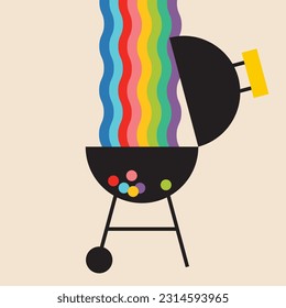 BBQ grill rainbow colours flat vector illustration. Summer outdoor picnic. Peace love free concept