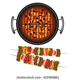 BBQ grill with realistic shish Kebab  on white background