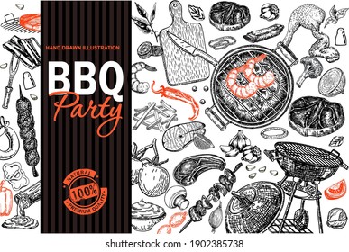 Bbq Grill Restaurant Food Menu Design. Barbecue cafe brochure, flyer, booklet, card. Grill menu card design template. Steak and grill house menu. Vector background.