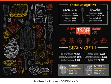 BBQ & grill restaurant menu. Barbeque meat graphics for poster, menu, leaflet, flyer, invitation design. Trendy hipster template with text, label, doodle food illustrations. Vintage sketch chef vector